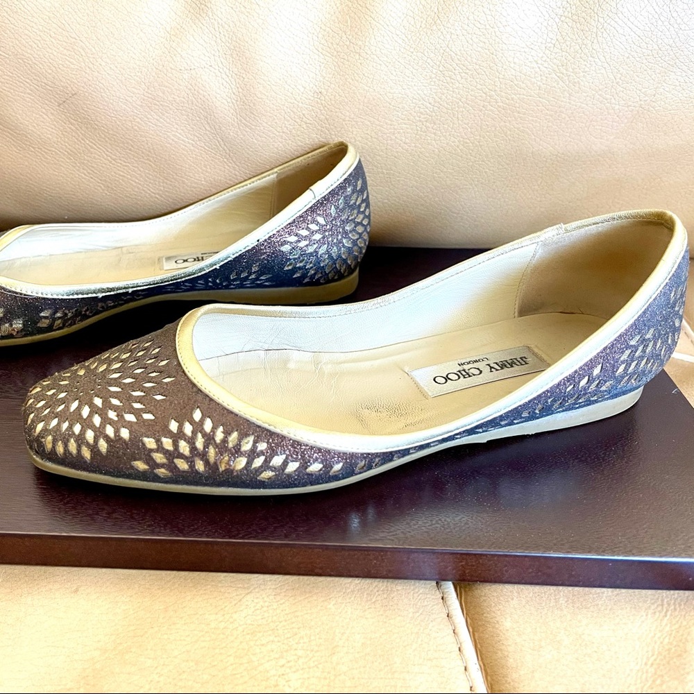 Jimmy Choo Brown and Gold Flats